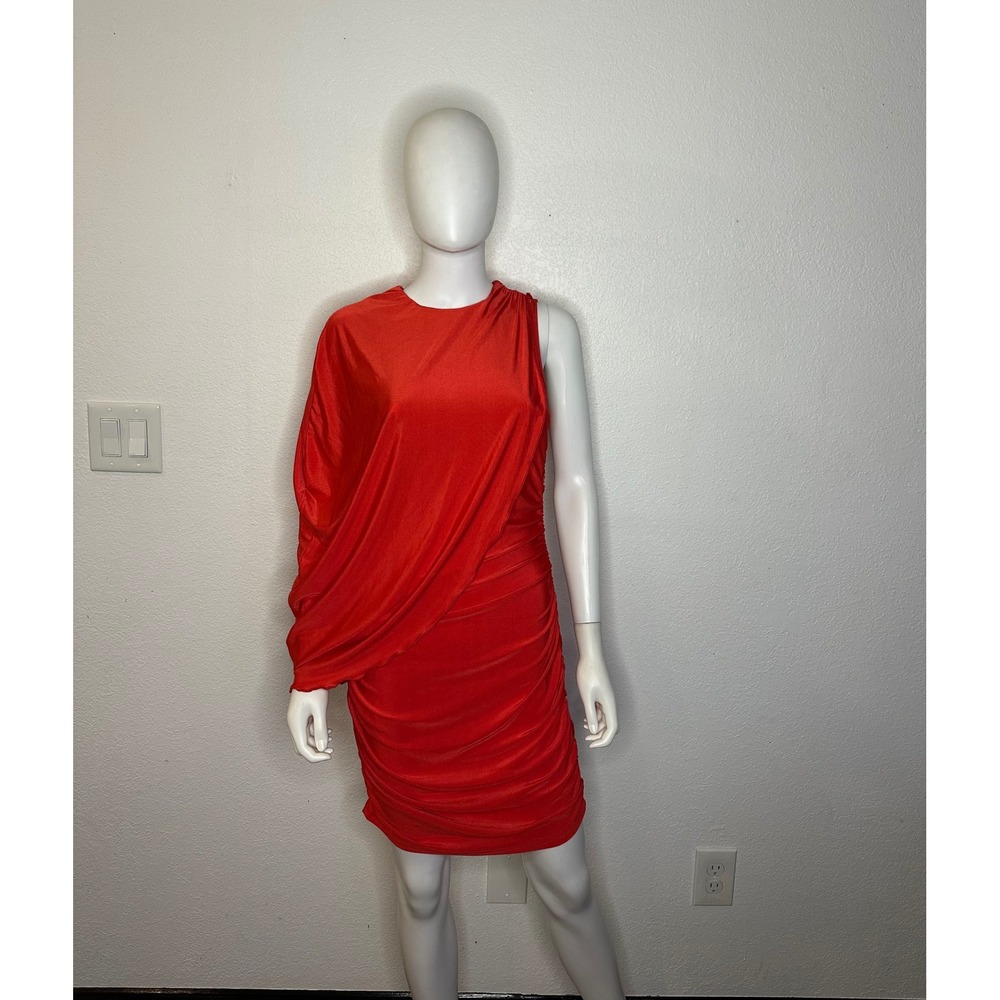 SHEIN Red Asymmetrical One Shoulder Cape Sleeve Ruched Bodycon Mini Dress